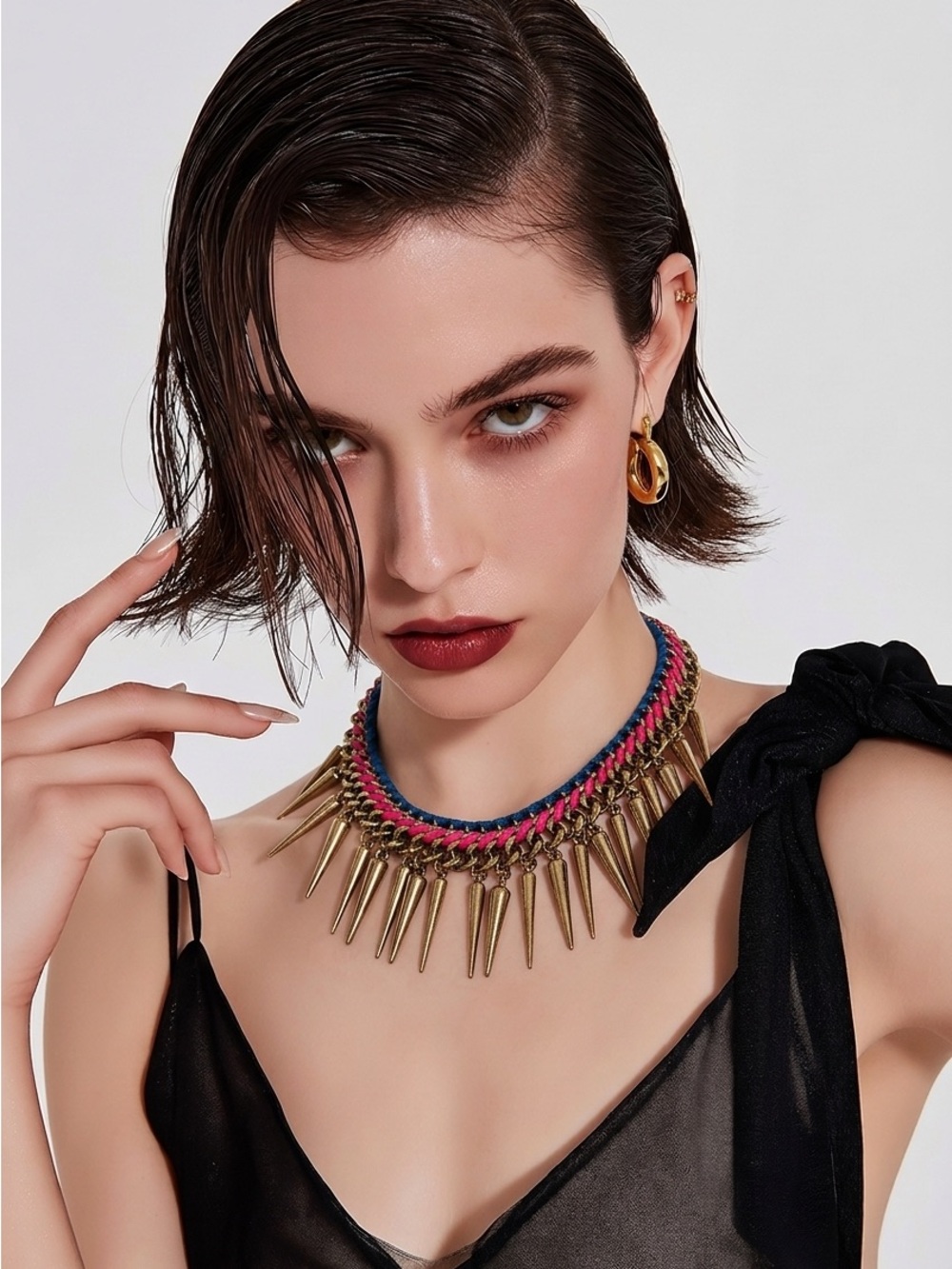 Punk Style Spiked Statement Necklace Choker with Pink and Blue Woven Cord Unisex